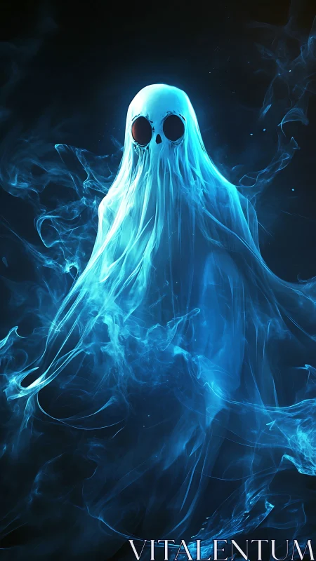Luminous blue ghost drifts through swirling spectral smoke.