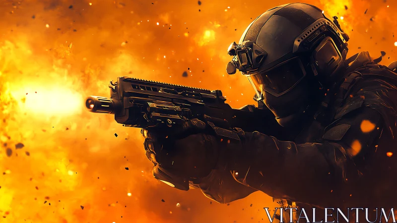 Tactical soldier fires rifle against blazing explosion backdrop.
