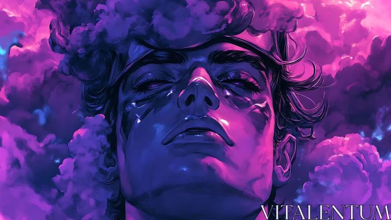 Digital painting portrait in neon clouds with chromatic contrast.