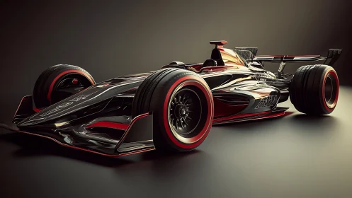 Sleek black and red futuristic single seat race car render.