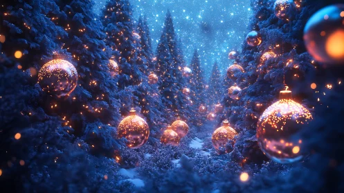 Illuminated glass baubles suspended in snowy forest corridor.