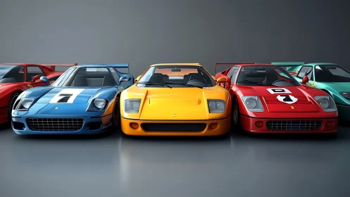 Row of colorful sports cars in clean studio lineup.