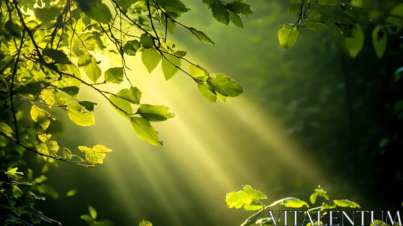 Sunlight streaming through green forest leaves, nature photography.