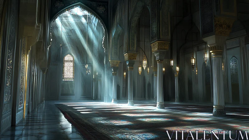 Sunlit arches and quiet carpets in a serene mosque hall.
