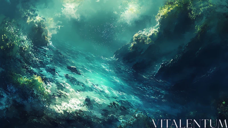 Mystical turquoise seascape with rocky cliffs and light.