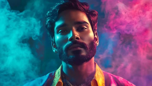 Neon-drenched portrait of a calm rebel in swirling color haze.