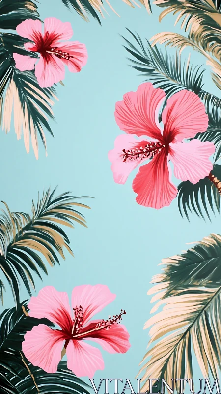 Pink hibiscus flowers with tropical palm fronds arranged on light blue background