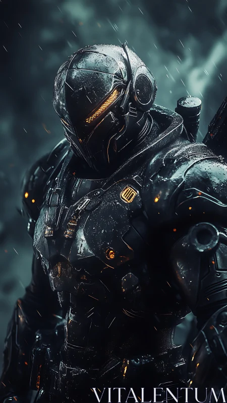 Armored exosuit with rain-soaked plating and amber visor illumination