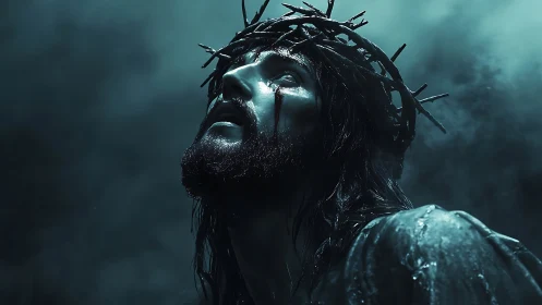 Crowned figure gazes upward through mist in solemn devotion.