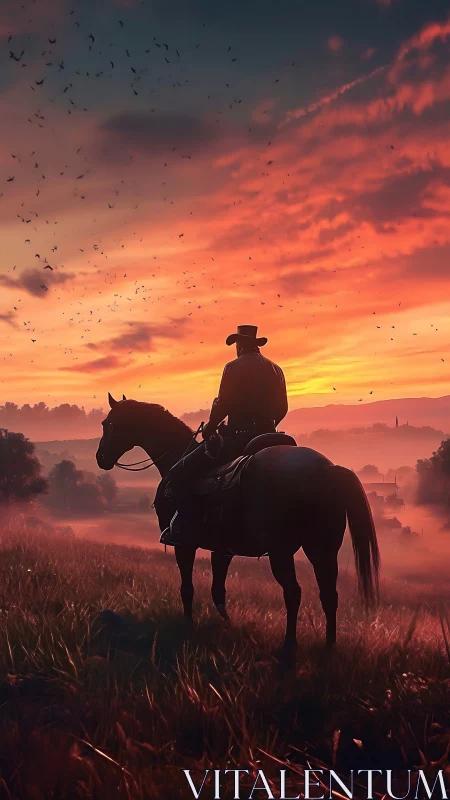 Lone cowboy on horseback surveying a blazing frontier sunset.