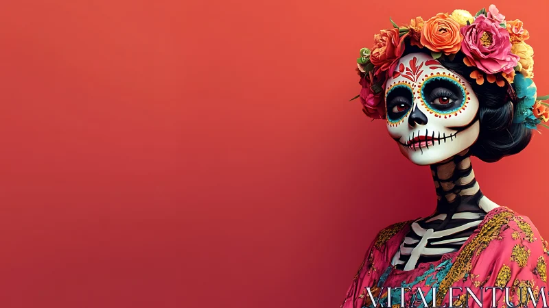 Vibrant Catrina portrait on bold red gradient backdrop.