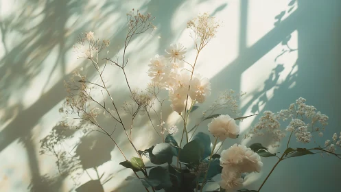 Delicate Whispers of Cream: Flowers Dancing Through Filtered Light.