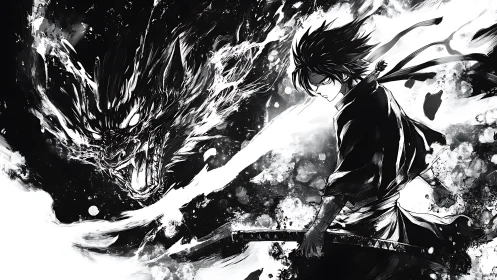 Storm-edged swordsman duels voidborn dragon in inked fury.