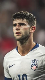 Male soccer player in white national team jersey at match.