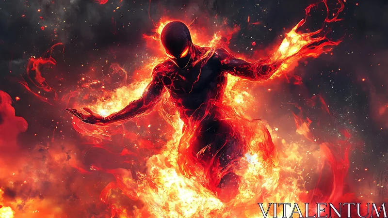 Fiery guardian rises from swirling embers and glowing ash.