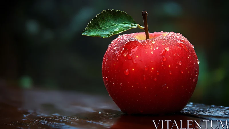 Raindrop jewels crown a crimson apple in soft bokeh hush