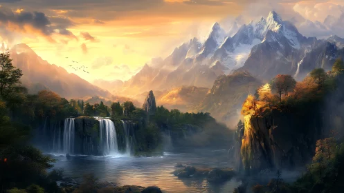 Mountain valley with waterfalls, river, and autumn forests.