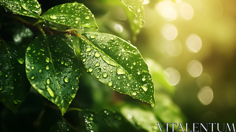 Macro close-up of wet green leaves under warm backlit bokeh
