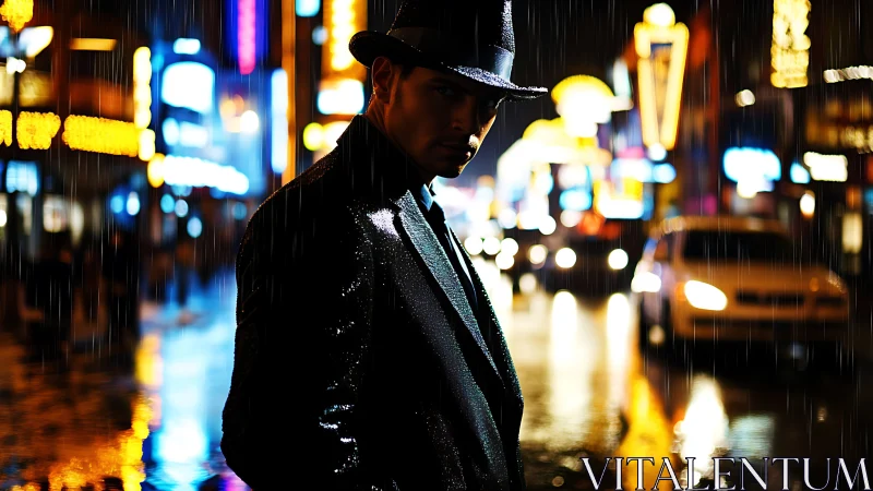 Man in dark coat and hat on neon city street at night.