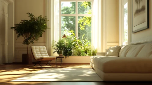 Sunlit living room embraces greenery and calm comfort.