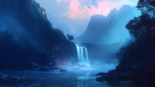Mystic blue waterfall cascades through misty mountain valley.