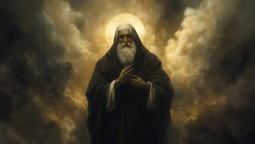 Elderly robed figure with halo amid dense swirling clouds.