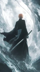 Swordsman silhouette in storm vortex with high contrast lighting