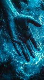 Submerged human hand in cyan-tinted turbulent aquatic field.