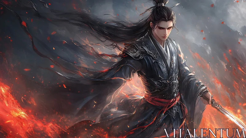 Digital painting of a dark swordsman amid dynamic firestorm.