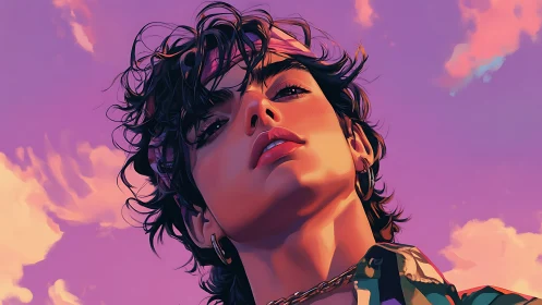 Vibrant low-angle portrait under neon dusk sky in digital style.