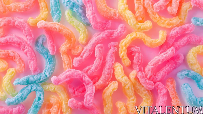 Colorful sour candy arrangement on pink background.