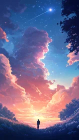 Silhouette under sunset sky with clouds and shooting star.