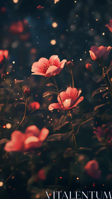 Luminous Bloom: Nocturnal Flora with Bokeh Particles.