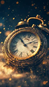 Golden pocket watch drifting through glittering time dust.