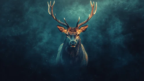 Majestic stag emerges from teal mist in dramatic night glow