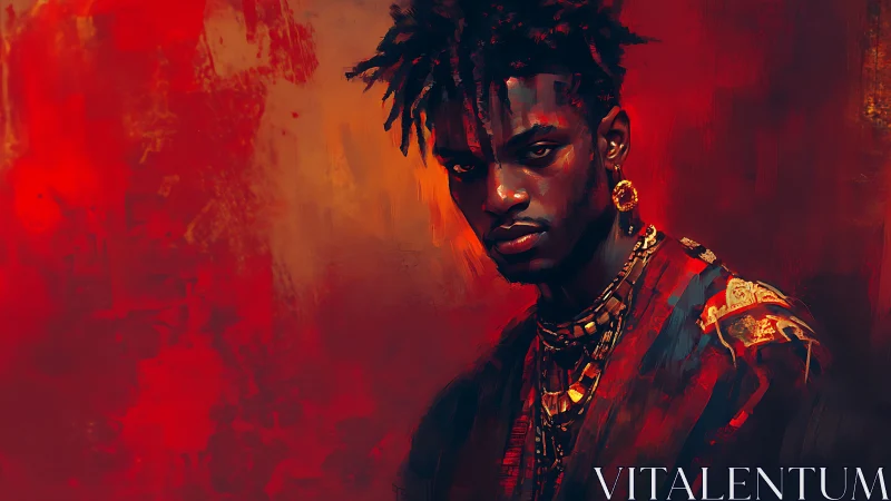 Chromatic portrait of regal figure in heat-soaked red field.