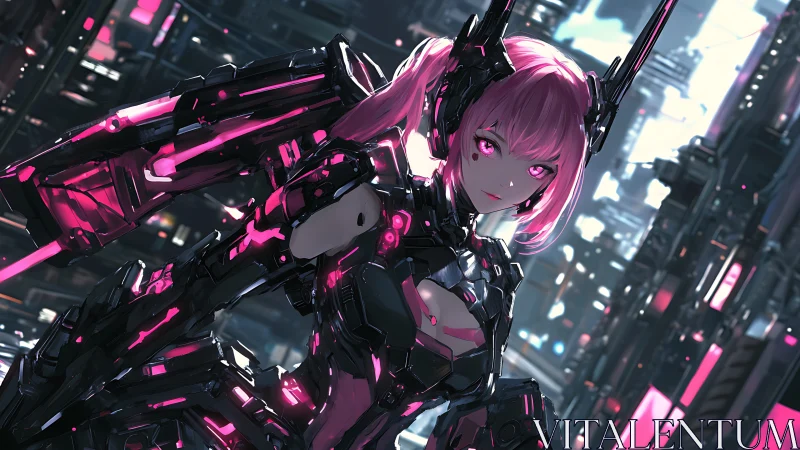 Neon mech girl bends the skyline into a pink-lit battlefield