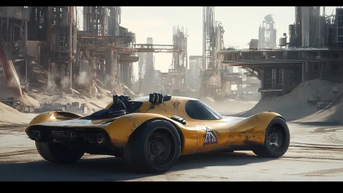 Yellow futuristic race car in deserted industrial complex.