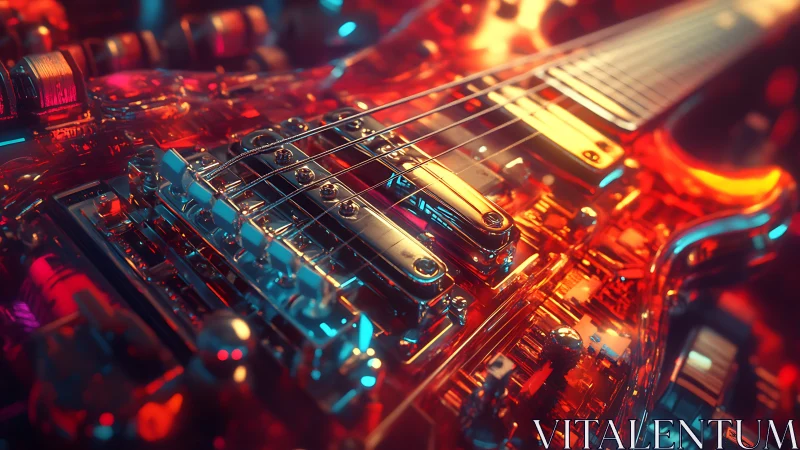 Futuristic electric guitar with transparent, glowing body.