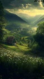 Sunlit valley meadow and lonely cabin in soft green hush.