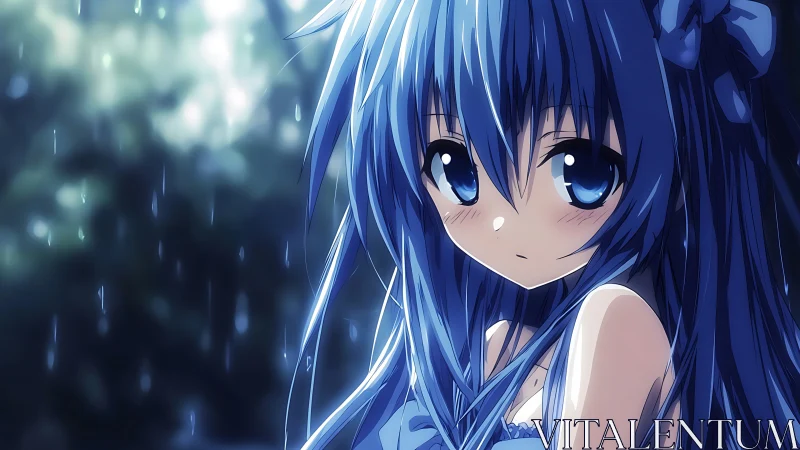 Blue haired anime girl standing in soft outdoor rain scene.