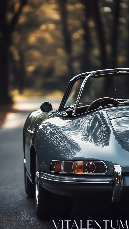 Rear-quarter study of classic roadster under diffuse forest light.
