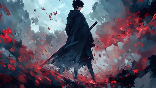 Stormlit swordsman strides through shattering crimson sky.