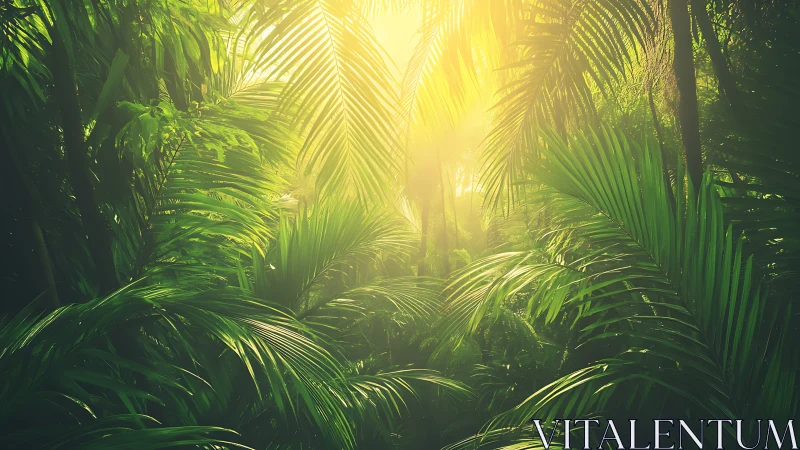 Sunlit Palm Forest Canopy with Golden Light.