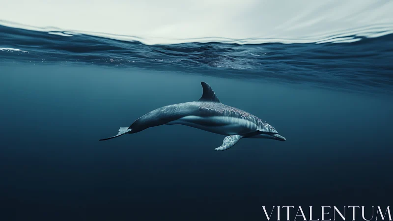 Solitary dolphin underwater in deep blue open ocean.