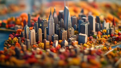 Miniature autumn cityscape with dense skyline detail.