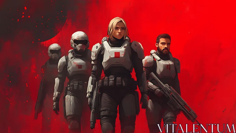 Tactical sci fi squad advancing through saturated red void.