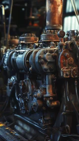Rust stained industrial engine block in workshop light.
