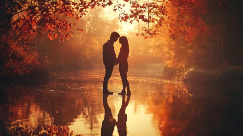 Silhouetted couple kissing beneath golden autumn foliage with water reflection.