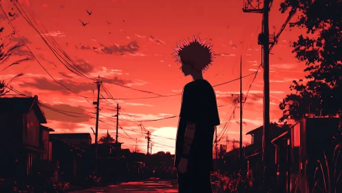 Quiet sunset streets with a thoughtful anime boy watching sky.